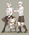  1boy 1girl 1other black_footwear black_hairband black_legwear black_skirt blindfold boots casual dress dual_wielding grey_background grey_eyes hair_over_one_eye hairband haruka_(siaru) holding ice_cream_cone kneehighs nier_(series) nier_automata pod_(nier_automata) robot shirt short_hair shorts simple_background skirt standing t-shirt thigh-highs thigh_boots white_hair white_shirt yorha_no._2_type_b yorha_no._9_type_s 