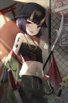  1girl :d bangs black_headwear black_pants breasts collarbone cowboy_shot day fate/grand_order fate_(series) hat highres horns jewelry katana looking_at_viewer midriff naginata navel necklace open_mouth outdoors pants polearm print_hat purple_hair short_hair shuten_douji_(fate/grand_order) small_breasts smile solo standing stomach strapless sunlight sword tubetop user_jdcc7842 violet_eyes weapon 