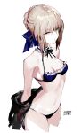  absurdres artoria_pendragon_(all) artoria_pendragon_(swimsuit_rider_alter) bikini black_bikini black_jacket braid cowboy_shot fate/grand_order fate_(series) french_braid frilled_bikini_top highres jacket maid_bikini navel shycocoa standing swimsuit white_background yellow_eyes 