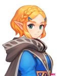  1girl absurdres bangs blonde_hair braid cape crown_braid hair_ornament hairclip highres looking_at_viewer ohil_(ohil822) parted_bangs pointy_ears princess_zelda short_hair simple_background smile solo the_legend_of_zelda the_legend_of_zelda:_breath_of_the_wild the_legend_of_zelda:_breath_of_the_wild_2 upper_body 