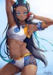  1girl abs arm_behind_head armlet bangs belly_chain black_hair blue_eyes blue_hair breasts clothes_writing contrapposto cowboy_shot dark_skin earrings gloves gradient gradient_background hair_bun highres hiroki_ree holding holding_poke_ball hoop_earrings jewelry long_hair looking_at_viewer multicolored_hair navel necklace parted_bangs poke_ball pokemon pokemon_(game) pokemon_swsh rurina_(pokemon) sidelocks signature simple_background smile solo swimsuit tankini toned two-tone_hair 