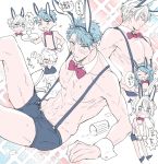  5boys animal_ears bedivere blue_eyes blue_hair blush bow bowtie bunny_boy closed_eyes detached_collar fake_animal_ears fate/grand_order fate_(series) galahad_(fate) gawain_(fate/extra) hair_over_one_eye lancelot_(fate/grand_order) limited_palette multiple_boys rabbit_ears red_neckwear shirtless shorts spill suspender_shorts suspenders toned toned_male tray tristan_(fate/grand_order) wrist_cuffs 