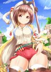  &gt;:) 1girl arm_up ass_visible_through_thighs atelier_(series) atelier_ryza bangs bare_shoulders belt belt_buckle beret black_ribbon blue_belt blue_sky blush breasts brown_belt brown_eyes brown_hair buckle closed_mouth clouds cloudy_sky collarbone commentary_request cowboy_shot day eyebrows_visible_through_hair hat highres jacket jewelry large_breasts long_sleeves necklace open_clothes open_jacket outdoors puffy_long_sleeves puffy_sleeves red_shorts reisalin_stout ribbon round-bottom_flask shirt short_shorts shorts sky sleeveless_jacket smile solo star star_necklace thigh-highs v-shaped_eyebrows vial white_headwear white_legwear white_shirt yellow_jacket zenon_(for_achieve) 