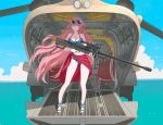  1girl aircraft anti-materiel_rifle bangs bikini blue_bikini blue_sky ch-47_chinook closed_mouth clouds cross-laced_footwear day eyewear_on_head flower full_body girls_frontline gun hair_flower hair_ornament helicopter holding holding_gun holding_weapon long_hair looking_at_viewer military military_vehicle ntw-20 ntw-20_(girls_frontline) ocean pink_eyes pink_hair rifle sandals sarong sky sniper_rifle solo standing striped striped_bikini sunglasses swimsuit tab_(tabkun) water weapon 