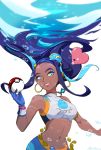  1girl aqua_eyes aqua_hair black_hair blue_gloves bracelet breasts commentary dark_skin earrings english_commentary eyeshadow floating_hair gloves gym_leader hair_bun holding holding_poke_ball hoop_earrings jewelry looking_at_viewer luvdisc makeup medium_breasts multicolored_hair navel pendant poke_ball poke_ball_(generic) pokemon pokemon_(creature) pokemon_(game) pokemon_swsh rurina_(pokemon) sandara single_glove solo swimsuit tankini two-tone_hair underwater 