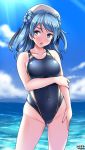  1girl beach blue_eyes blue_hair blue_sky blue_swimsuit blush breasts clouds cloudy_sky collarbone competition_swimsuit covered_navel cowboy_shot dated day double_bun eyebrows_visible_through_hair hair_between_eyes hat highres horizon kantai_collection large_breasts looking_at_viewer ocean one-piece_swimsuit open_mouth outdoors sailor_hat signature sky solo standing sunlight swimsuit tsuchimiya urakaze_(kantai_collection) water white_headwear 