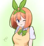  1girl ;p bangs blue_eyes blush bow breasts closed_mouth collared_shirt commentary_request eyebrows_visible_through_hair go-toubun_no_hanayome gradient gradient_background green_background green_bow green_ribbon hair_between_eyes hair_ribbon kujou_karasuma looking_at_viewer medium_breasts nakano_yotsuba one_eye_closed orange_hair plaid plaid_bow ribbon shirt short_hair short_sleeves signature smile solo sweater_vest tongue tongue_out upper_body white_background white_shirt 
