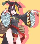  1girl absurdres bangs blue_eyes blush breasts chinese_clothes commentary cowboy_shot fate/grand_order fate_(series) fingernails frilled_sleeves frills highres jiangshi jipponwazaari long_sleeves looking_at_viewer oni_horns open_mouth outstretched_arms purple_hair shadow sharp_fingernails short_hair shuten_douji_(fate/grand_order) simple_background small_breasts smile solo thighs violet_eyes wide_sleeves 