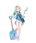  1girl bag bangs bare_shoulders cape collarbone fire fire_emblem fire_emblem_heroes flat_chest flower full_body gradient gradient_hair hair_flower hair_ornament hairband hand_up highres holding leg_up light_blue_hair multicolored_hair official_art one-piece_swimsuit open_mouth rake sandals shiny shiny_hair short_hair silver_hair smile solo swimsuit tobi_(kotetsu) toes transparent_background violet_eyes ylgr_(fire_emblem_heroes) 