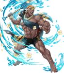  1boy alternate_costume barefoot dark_skin fire_emblem fire_emblem_heroes flower full_body helbindi_(fire_emblem_heroes) highres horn_ornament jewelry leaf male_focus multicolored_hair necklace official_art open_mouth orange_hair red_eyes scar shovel solo swimsuit teeth transparent_background two-tone_hair water white_hair 