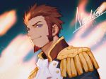  1boy beard blue_eyes brown_hair closed_mouth commentary_request epaulettes facial_hair fate/grand_order fate_(series) long_sleeves looking_to_the_side male_focus military military_uniform napoleon_bonaparte_(fate/grand_order) nunoooook smile solo uniform 