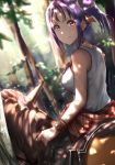  1girl blurry blurry_background bracelet brown_feathers closed_mouth day feathers forest hair_feathers highres horse jewelry kazuno_sarah looking_at_viewer looking_back love_live! love_live!_sunshine!! medium_hair nature necklace otsumami_(otsu-mugi) outdoors pink_eyes purple_hair redrop riding shirt side_ponytail sleeveless sleeveless_shirt smile solo white_shirt 