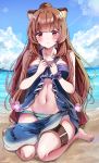  1girl animal_ear_fluff animal_ears bangs barefoot beach blue_sky blush brown_hair closed_mouth collarbone commentary day highres leg_belt long_hair looking_at_viewer navel ocean raccoon_ears raccoon_girl raphtalia red_eyes sak_(lemondisk) sand seiza sitting sky solo swimsuit swimsuit_under_clothes tate_no_yuusha_no_nariagari thigh_strap very_long_hair 