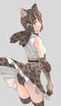  1girl absurdres animal_ear_fluff animal_ears animal_print bangs bare_shoulders breasts brown_hair cat_ears cat_girl cat_tail clothes_lift commentary cropped_torso elbow_gloves eyebrows_visible_through_hair from_behind gloves grey_background hair_between_eyes highres iriomote_cat_(kemono_friends) kemono_friends looking_back medium_breasts multicolored_hair panties print_gloves print_legwear print_panties print_skirt shirt short_hair simple_background skirt skirt_lift sleeveless sleeveless_shirt smile solo streaked_hair tail tanabe_(fueisei) thigh-highs underwear white_hair white_shirt yellow_eyes 
