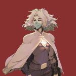  1boy belt big_hair blue_skin cloak commentary david_liu facepaint highres looking_away male_focus medium_hair messy_hair older pointy_ears red_background science_fiction solo standing starlight_brigade strive_(starlight_brigade) thick_eyebrows two-tone_skin white_hair white_skin 