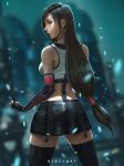  1girl arm_guards black_hair black_legwear black_skirt blurry blurry_background brown_eyes clenched_hands crop_top earrings elbow_gloves final_fantasy final_fantasy_vii final_fantasy_vii_remake fingerless_gloves gloves jewelry long_hair looking_at_viewer looking_back low-tied_long_hair nibelart parted_lips skirt solo standing tank_top thigh-highs tifa_lockhart undershirt 