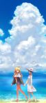  2girls absurdres ahoge beach bikini blonde_hair blue_sky blush closed_eyes clouds cloudy_sky commentary day dress facing_another grin highres holding_hands jacket large_hat long_hair looking_at_another multiple_girls ocean outdoors purple_hair short_hair_with_long_locks sidelocks sky smile straight_hair swimsuit tmasyumaro tsurumaki_maki vocaloid voiceroid walking waves white_dress wide_shot yuzuki_yukari 