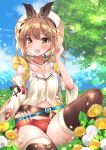  1girl :d atelier_(series) atelier_ryza belt blush brown_eyes brown_hair brown_legwear eyebrows_visible_through_hair flower grass hair_ornament hairclip highres jewelry kawanobe looking_at_viewer midriff navel necklace open_mouth outdoors red_shorts reisalin_stout short_hair short_shorts shorts sitting smile solo star thigh-highs thighs twitter_username white_headwear white_legwear 