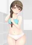  1girl ass_visible_through_thighs bathroom blue_bra blush bow bra breasts brown_eyes brown_hair eyebrows_visible_through_hair hair_between_eyes hair_bow kantai_collection navel ne_an_ito open_mouth panties red_bow small_breasts solo thighs underwear uranami_(kantai_collection) white_panties 