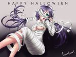  1girl :o absurdres ahoge aqua_eyes bandages breasts feet_out_of_frame gradient gradient_background halloween highres kagami_com long_hair love_live! love_live!_school_idol_project mummy_costume one_eye_covered solo toujou_nozomi twintails under_boob upper_teeth violet_eyes wrapped_up 