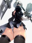  1girl ass back black_dress black_legwear breasts dress flint floating floating_object gloves hairband highres holding katana mole mole_under_mouth negresco nier_(series) nier_automata pod_(nier_automata) short_hair silver_hair solo sword thigh-highs weapon yorha_no._2_type_b 