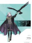  1boy absurdres ahoge animal arm_up bangs bird black_legwear book bridal_gauntlets cape character_name closed_eyes crow feathered_wings fire_emblem fire_emblem:_kakusei full_body hand_up henry_(fire_emblem) highres holding holding_book kozaki_yuusuke looking_up male_focus official_art open_mouth page_number sandals shiny shiny_hair short_hair simple_background smile turtleneck white_hair wings 