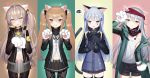  3: 404_(girls_frontline) 4girls :3 :o absurdres animal_ears bangs bare_shoulders beret black_headwear black_jacket black_legwear black_shorts black_skirt blue_dress blue_hair blush breasts brown_eyes brown_hair brown_legwear buttons cat_ears cat_tail closed_mouth cowboy_shot cross_hair_ornament crossed_bangs dress dress_shirt fang g11_(girls_frontline) girls_frontline gloves green_eyes green_jacket grey_hair grey_skirt hair_between_eyes hair_ornament hairclip half-closed_eyes hand_up hands_up hat headwear_removed heart highres hk416_(girls_frontline) holding holding_hat http_status_code huge_filesize jacket kemonomimi_mode long_hair long_sleeves looking_at_viewer medium_breasts military military_uniform miniskirt multiple_girls navel off_shoulder one_side_up open_clothes open_jacket open_mouth pantyhose partially_unbuttoned paw_gloves paw_pose paws pleated_skirt red_eyes shirt short_shorts shorts silver_hair skirt smile sparkle spoken_squiggle squiggle standing stomach tail tank_top thigh-highs tttanggvl twintails ump45_(girls_frontline) ump9_(girls_frontline) undershirt uniform very_long_hair wavy_hair wavy_mouth white_shirt yellow_eyes zettai_ryouiki 