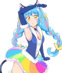  1girl :o animal_ear_fluff animal_ears arm_up armpits black_choker blue_gloves blue_hair blush brooch cat_ears cat_tail choker cure_cosmo elbow_gloves gloves haruzu2000 jewelry long_hair looking_at_viewer magical_girl multicolored multicolored_clothes multicolored_skirt precure simple_background skirt solo star_twinkle_precure tail twintails white_background yellow_eyes yuni_(precure) 