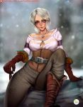  1girl breasts ciri didi_esmeralda freckles gloves green_eyes jewelry lips long_hair looking_at_viewer makeup medium_breasts necklace pants scar short_hair silver_hair solo sword the_witcher the_witcher_3 weapon 