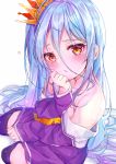  1girl :o bare_shoulders blue_hair blush commentary_request crown hair_between_eyes highres long_hair long_sleeves looking_at_viewer no_game_no_life off_shoulder purple_legwear rouka_(akatyann) school_uniform shiro_(no_game_no_life) simple_background sleeves_past_wrists solo thigh-highs very_long_hair white_background yellow_eyes 
