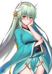  1girl absurdres blush breasts eyes_visible_through_hair fate/grand_order fate_(series) green_hair hand_on_own_chin highres horns japanese_clothes jewelry kiyohime_(fate/grand_order) large_breasts long_hair looking_at_viewer sash sidelocks smile solo vdrn1dd2gxldt3g yellow_eyes 