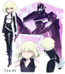  1boy back black_gloves black_jacket blonde_hair body_armor bound bound_wrists closed_eyes cravat gloves holding_breath jacket lio_fotia male_focus promare short_hair sitting solo soto torn_clothes torn_sleeves violet_eyes 