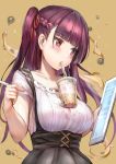  1girl absurdres bangs black_skirt blouse blush breasts bubble_tea bubble_tea_challenge cup disposable_cup drink drinking drinking_straw eyebrows_visible_through_hair hair_ribbon highres holding holding_pen holding_tablet_pc large_breasts long_hair object_on_breast one_side_up pen purple_hair qian_wu_atai red_eyes ribbon shirt sidelocks simple_background skirt solo suspender_skirt suspenders very_long_hair wa2000_(girls_frontline) white_blouse yellow_background 