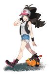  1girl antenna_hair baseball_cap black_footwear black_hair black_legwear blue_eyes blue_shorts boots closed_mouth cross-laced_footwear floating_hair full_body hand_in_hair hat highres long_hair looking_at_viewer pink_ribbon poke_ball_print pokemon pokemon_(game) pokemon_bw ponytail print_hat ribbon sarusaru_naoto shirt short_shorts shorts simple_background sleeveless sleeveless_shirt smile socks solo tepig torn_clothes torn_shorts touko_(pokemon) very_long_hair walking white_background white_shirt wristband 