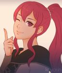  1girl anna_(fire_emblem) artist_name closed_mouth fire_emblem fire_emblem:_three_houses koyorin long_hair long_sleeves one_eye_closed ponytail red_eyes redhead simple_background smile solo upper_body 