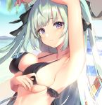  1girl arm_up bangs beach bikini bikini_tug black_bikini black_ribbon blue_sky blush breasts chair closed_mouth clouds cona_kinaco dya eyebrows_visible_through_hair frilled_bikini frills frown hair_between_eyes hair_ribbon light_green_hair long_hair looking_at_viewer lounge_chair medium_breasts ocean original outdoors ribbon sidelocks skindentation sky solo swimsuit tareme twintails upper_body violet_eyes 