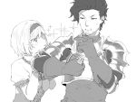  +_+ 1boy 1girl arm_grab armor cigarette djeeta_(granblue_fantasy) facial_hair gloves granblue_fantasy greyscale lighter monochrome mouth_hold pompadour rackam_(granblue_fantasy) short_hair sunao_(souis) sweatdrop 