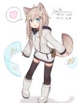  1girl :d animal_ears black_legwear blue_eyes bone_print boots commentary_request fang full_body hair_ornament hairclip highres hood hood_down hoodie light_brown_hair long_hair long_sleeves open_mouth original paw_print reitou_mikan simple_background smile tail translated white_background 