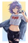  1girl arm_up blue_eyes blue_nails collarbone crop_top denim earrings eyebrows_visible_through_hair highres jeans jewelry looking_at_viewer navel original pants parted_lips purple_hair saino shirt short_hair short_sleeves solo torn_clothes torn_jeans torn_pants white_shirt 