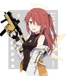  1girl ;d arknights bangs bare_shoulders black_gloves black_shirt blush breasts character_name cropped_torso dog_tags exusiai_(arknights) fingerless_gloves gloves gun hair_between_eyes halo hand_up holding holding_gun holding_weapon jacket kataokasan kriss_vector long_hair long_sleeves looking_at_viewer medium_breasts off_shoulder one_eye_closed one_side_up open_clothes open_jacket open_mouth orange_eyes redhead shirt sidelocks sleeveless sleeveless_shirt smile solo star submachine_gun weapon white_jacket 