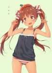  ... 1girl :d ass_visible_through_thighs bangs bare_shoulders blush bow breasts brown_eyes brown_hair claw_pose collarbone commentary_request eyebrows_visible_through_hair fang frills hair_bow hair_ribbon halloween hat kantai_collection libeccio_(kantai_collection) long_hair looking_at_viewer no_pants open_mouth panties pose pumpkin ribbon simple_background skirt smile solo standing striped striped_panties striped_ribbon suke_(momijigari) sweatdrop tan twintails underwear 