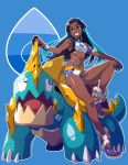  1girl absurdres armlet bare_shoulders beads bike_shorts black_hair blue_eyes blue_hair breasts dark_skin drednaw earrings feet flip-flops full_body gloves gym_leader hair_ornament highres hoop_earrings horns ishmaiah_dado jewelry long_hair midriff multicolored_hair navel necklace poke_ball pokemon pokemon_(game) pokemon_swsh rurina_(pokemon) sandals short_shorts shorts single_glove sitting size_difference smile solo_focus sports_bra sportswear stomach two-tone_hair wristband 