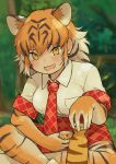  1girl :3 animal_ear_fluff animal_ears animal_print black_hair blush bottle collared_shirt crossed_legs cup elbow_gloves extra_ears gloves kemono_friends looking_at_viewer necktie open_mouth orange_hair plaid plaid_neckwear plaid_skirt plaid_trim pleated_skirt print_gloves print_legwear rumenia_(ao2is) shirt short_hair short_sleeves sidelocks sitting skirt solo thigh-highs tiger_(kemono_friends) tiger_ears tiger_print white_hair yellow_eyes 