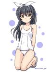  1girl arms_behind_back ass_visible_through_thighs bangs black_hair breasts brown_eyes closed_mouth commentary covered_navel eyebrows_visible_through_hair flipper frown full_body girls_und_panzer hair_ribbon kneeling legs long_hair looking_at_viewer polka_dot polka_dot_background reizei_mako ribbon sandals school_swimsuit shadow small_breasts solo swimsuit thigh_gap twitter_username white_background white_footwear white_ribbon white_school_swimsuit white_swimsuit 