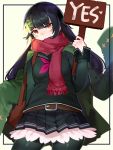  1girl bag bangs belt belt_buckle black_hair black_legwear blush breasts buckle coat eyebrows_visible_through_hair girls_frontline green_coat hair_ornament handbag holding holding_sign long_hair long_sleeves looking_at_viewer mania_(fd6060_60) open_mouth overcoat pantyhose red_eyes red_ribbon red_scarf ribbon scarf school_uniform serafuku sign simple_background skirt solo strap type_100_(girls_frontline) upper_body yes 