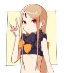  1girl \m/ abigail_williams_(fate/grand_order) bare_shoulders blonde_hair breasts fate/grand_order fate_(series) forehead highres keyhole kopaka_(karda_nui) long_hair looking_at_viewer solo under_boob violet_eyes 