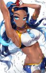  1girl armlet armpits arms_up belly_chain black_hair blue_eyes blue_hair breasts cowboy_shot dark_skin earrings gijang gloves hair_bun highres hoop_earrings jewelry long_hair looking_at_viewer medium_breasts multicolored_hair navel necklace parted_lips poke_ball pokemon pokemon_(game) pokemon_swsh rurina_(pokemon) sapphire_(gemstone) short_shorts shorts sideboob single_glove solo stomach swimsuit tankini toned two-tone_hair wet 