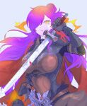  1girl armor awakened_shez_(female) black_gloves breasts d_kenpis facial_mark fire_emblem fire_emblem:_three_houses fire_emblem_heroes fire_emblem_warriors:_three_hopes gloves hair_bun hair_over_one_eye halo highres holding holding_sword holding_weapon lips long_hair looking_at_viewer medium_breasts multicolored_hair orange_hair purple_hair shez_(fire_emblem) shez_(fire_emblem)_(female) solo sword very_long_hair weapon yellow_eyes 