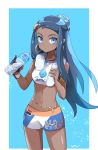  1girl armlet belly_chain black_hair blue_eyes blue_hair bottle dark_skin earrings gloves gym_leader highres holding hoop_earrings jewelry long_hair mei_(maysroom) midriff multicolored_hair navel necklace pokemon pokemon_(game) pokemon_swsh rurina_(pokemon) sidelocks single_glove solo swimsuit tankini towel towel_around_neck water_bottle 