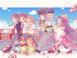  &gt;_&lt; 1girl 5boys akutsu_mabu arm_around_shoulder azuma_sara belt black_footwear black_hair blush bridge brown_footwear brown_hair clenched_hand closed_eyes clouds day everyone freckles glasses hat henshin highres holding jinnai_enta kappa keppi kinu_(kinuhoshizora21) kuji_toi mob_cap multiple_boys necktie niiboshi_reo open_mouth outdoors pants pink_footwear police police_hat police_uniform red_eyes ribbon-trimmed_sleeves ribbon_trim sarazanmai school_uniform sharp_teeth shirt short_sleeves sign smile sweater_vest teeth uniform walking white_hair white_shirt wide_sleeves yasaka_kazuki 